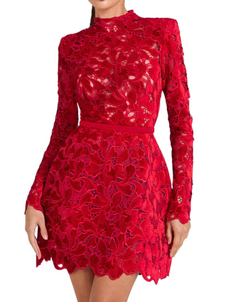 1960er Beflockt Blumen Spitze Halb Rollkragen Kleid