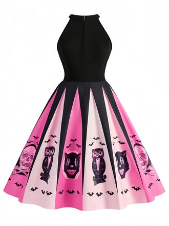 Rosa 1950er Halloween Skeleton Drucken Swing Kleid