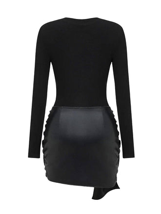 1980er Faux Leder Bogen Langarm Kleid