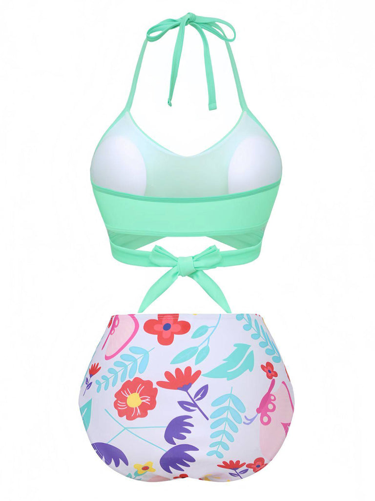 Mintgrün 1940er Blumen Hohe Taille Bikini Set