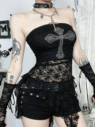 Schwarz 1980er Kreuzen Strassstein Spitze Trägerlos Tank Top