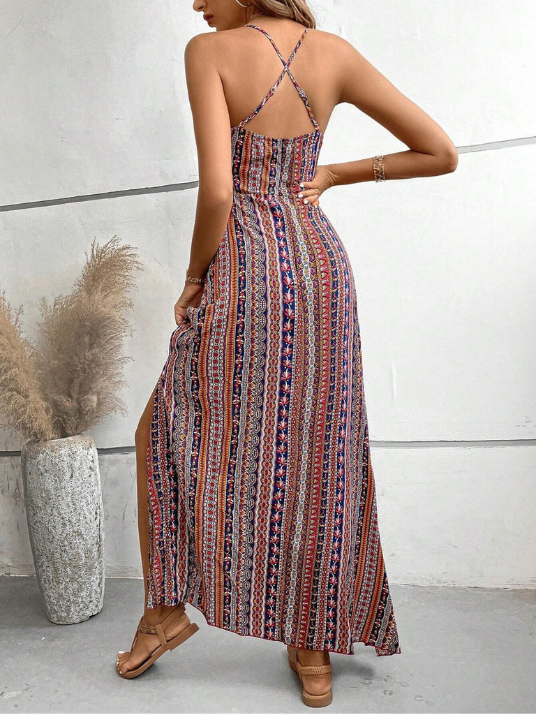 1970er Unregelmäßiger Druck Rückenfrei Boho Kleid