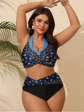 [Übergröße] 1950er Halfter Schmetterlinge Blumen Bikini Set