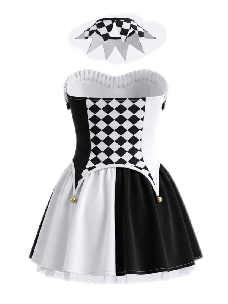 Schwarz-weißes 80er Harlekin-Korsettkleid