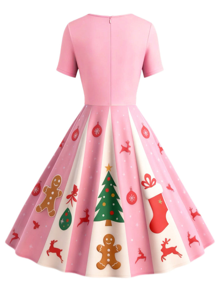 [Vorverkauf] Rosa 1950er Weihnachten Schneeflocke Swing Kleid