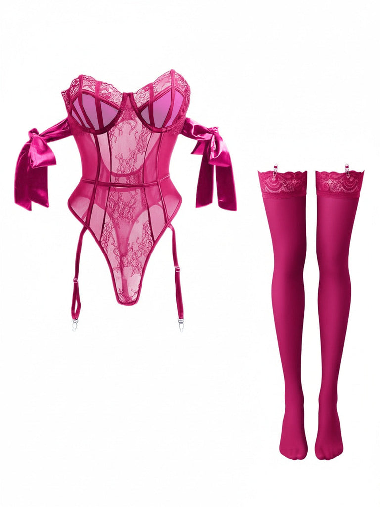 1980er Solide Schleife Bodysuit Pajama Mit Strümpfe