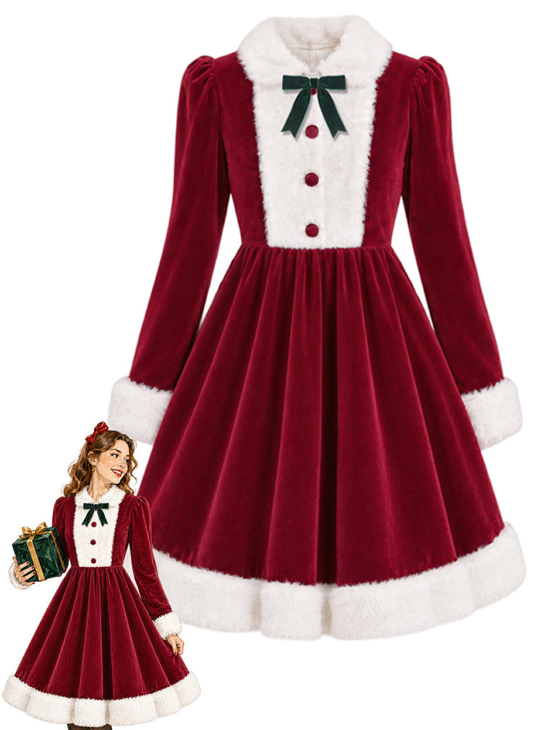 [Vorverkauf] Rotes & weißes 50er Weihnachts-Samtkleid mit Flauschbesatz und Schleife