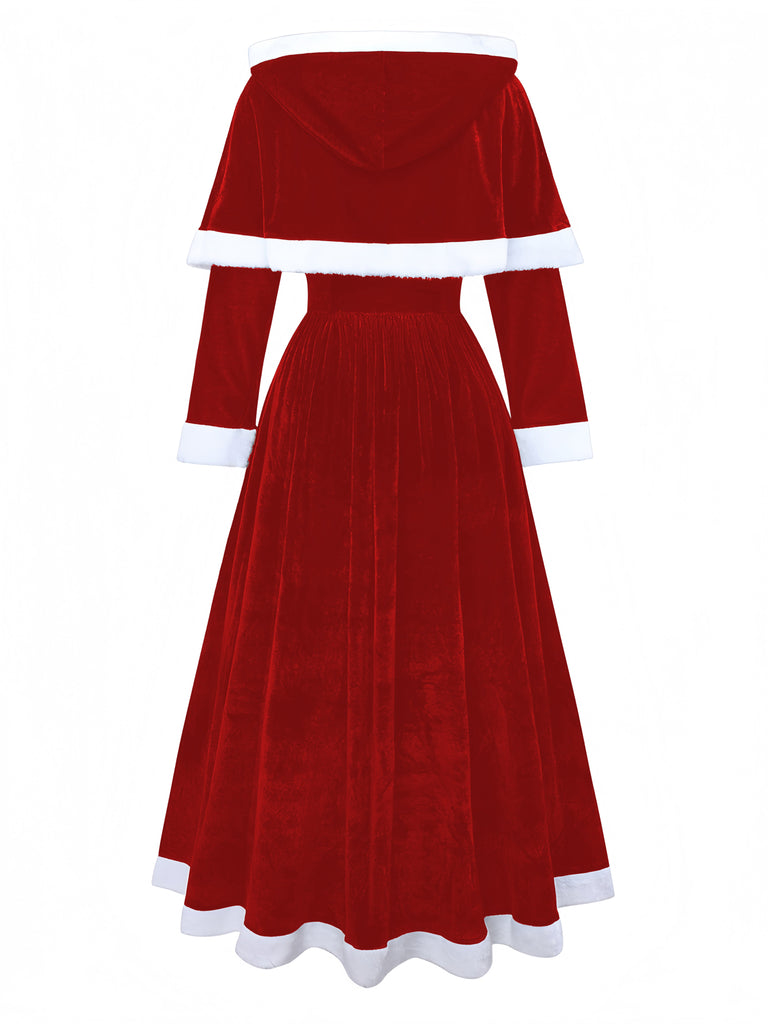 Rot 1930er Frau Weihnachtsmann Samt Kleid mit Kap