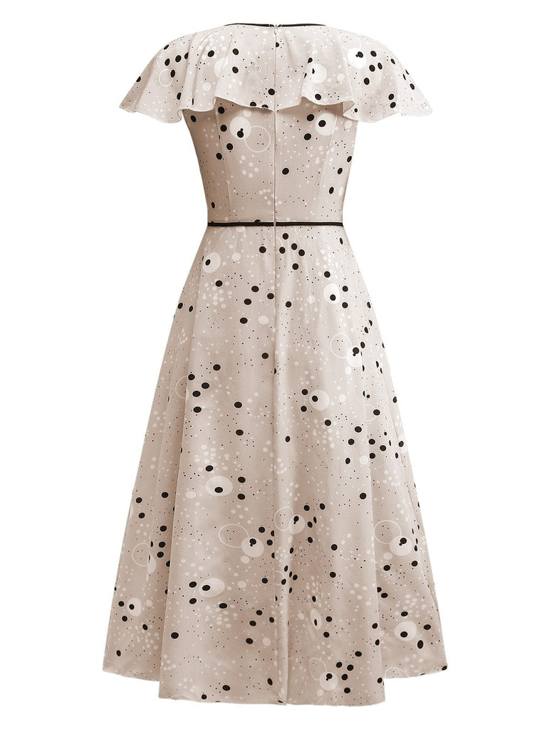 1940er Irregulär Punkte V-Ausschnitt Rüschen Kleid