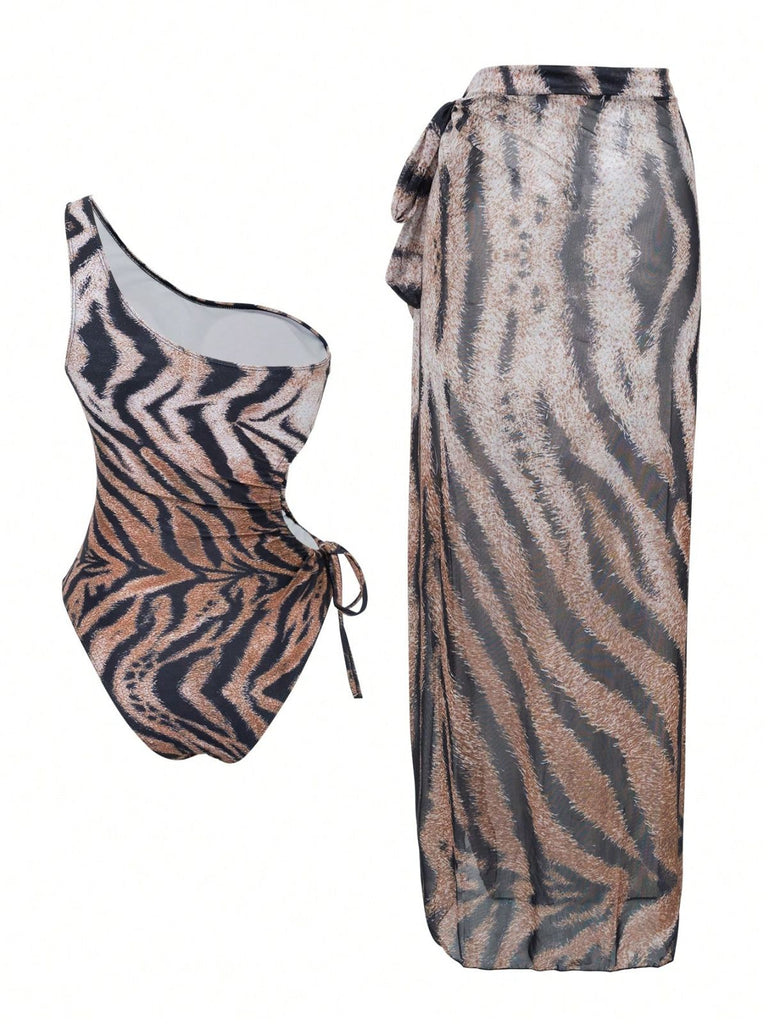 2PCS 1950er Tiger Eine Schulter Badeanzug & Cover-Up