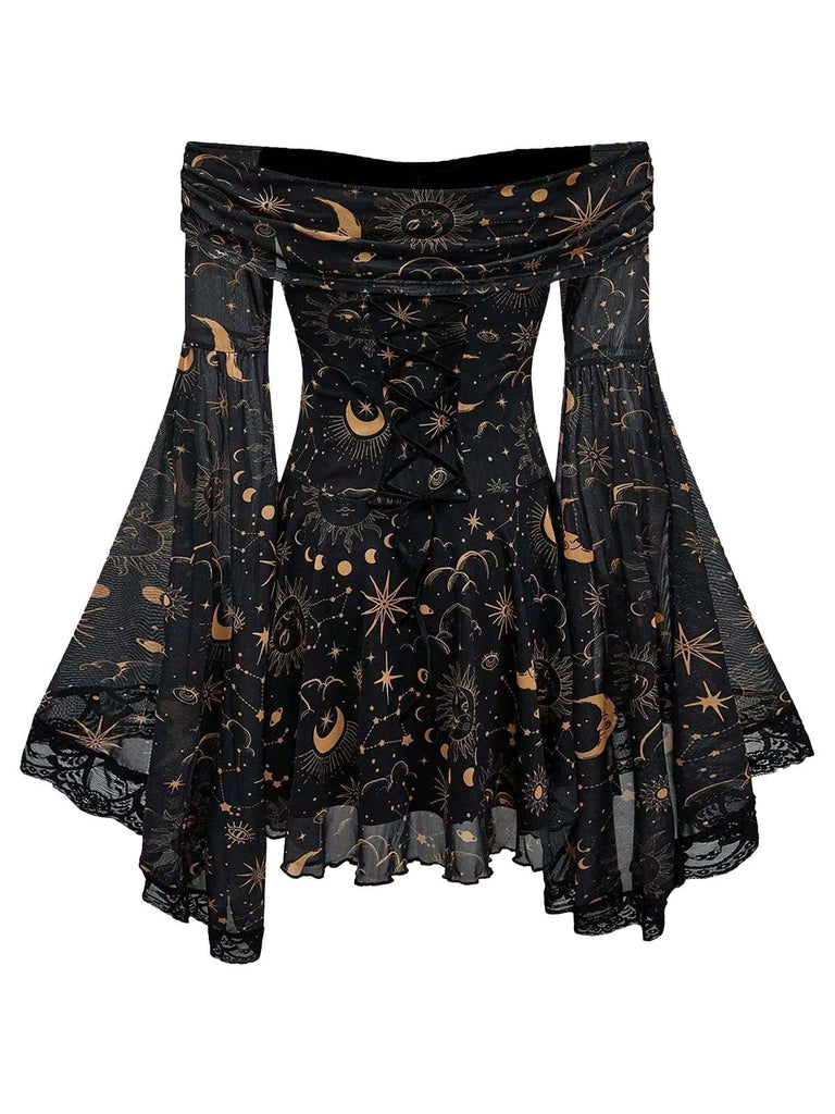 1980er Stern & Mond & Sonnengesicht Schulterfrei Glockenärmel Kleid