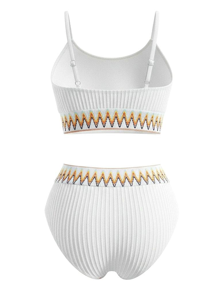 1950er Zigzag Muster Hochgeschnitten Gerippt Bikini Set