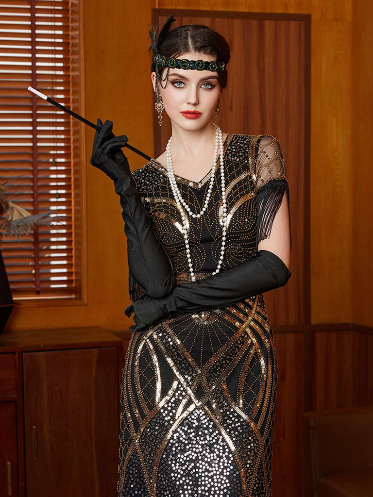 Gold 1920er Pailletten Quaste V-Ausschnitt Maxi Kleid