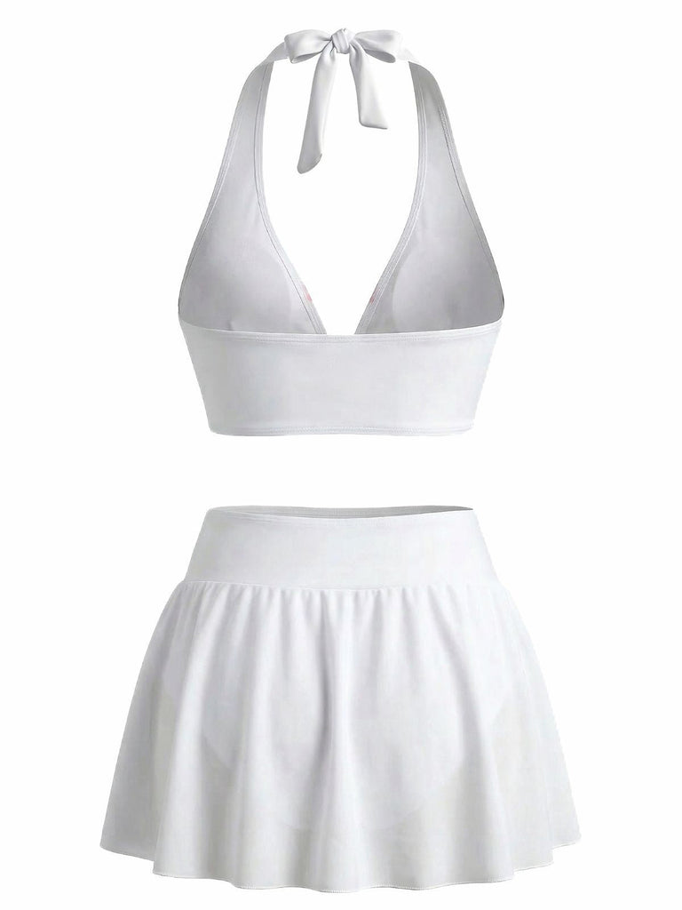 Weiß 1930er Lilien Blumen Halter Wickel Netz Rock Bikini Set