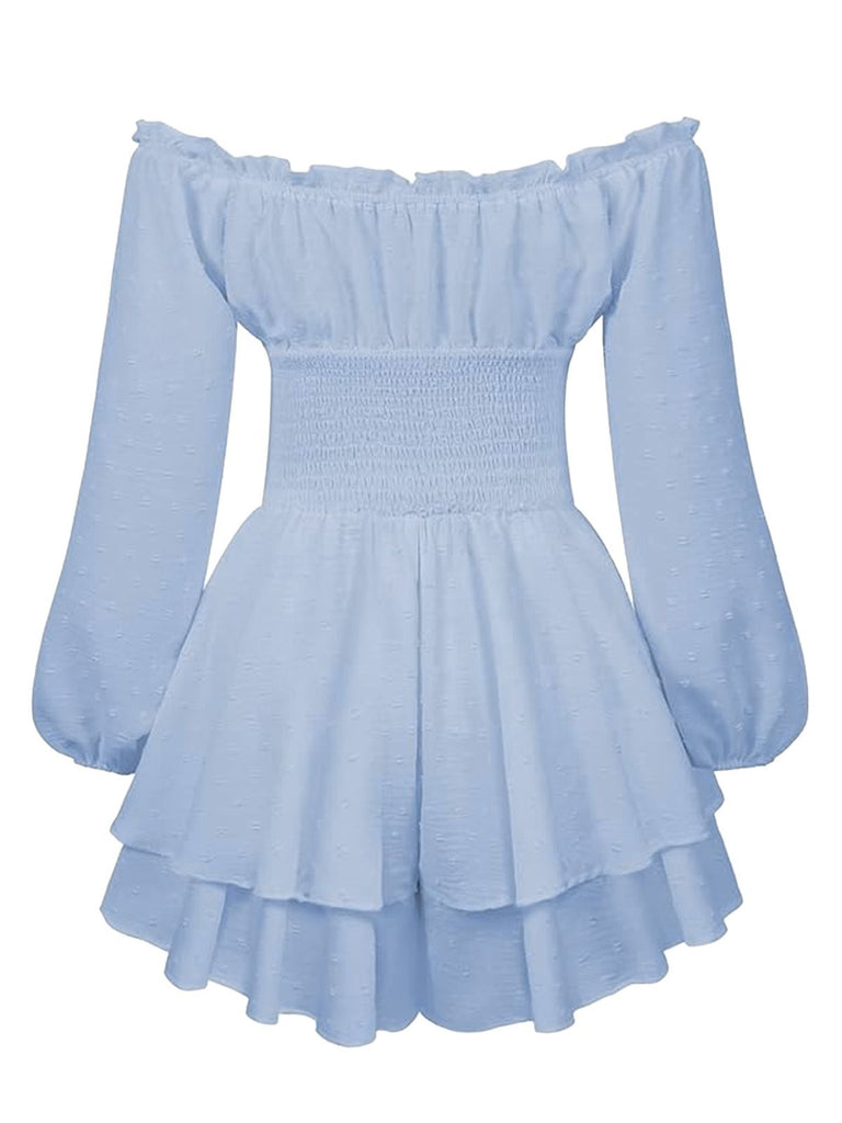 1950er Uni Schulterfrei Langarm Gesmoked Mini Kleid