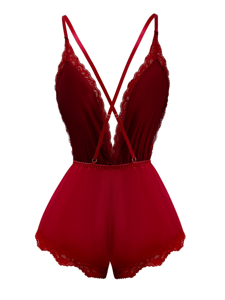 1950er Spitze Satin Tief V Rückenfrei Schlafen Romper