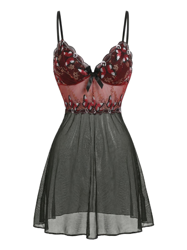 Schwarz 1960er Schmetterling Bestickt Bogen Netz Nachthemd