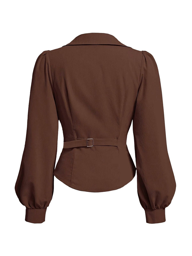 Kaffee 1930er Revers V-Ausschnitt Tailliert Laternenärmel Bluse