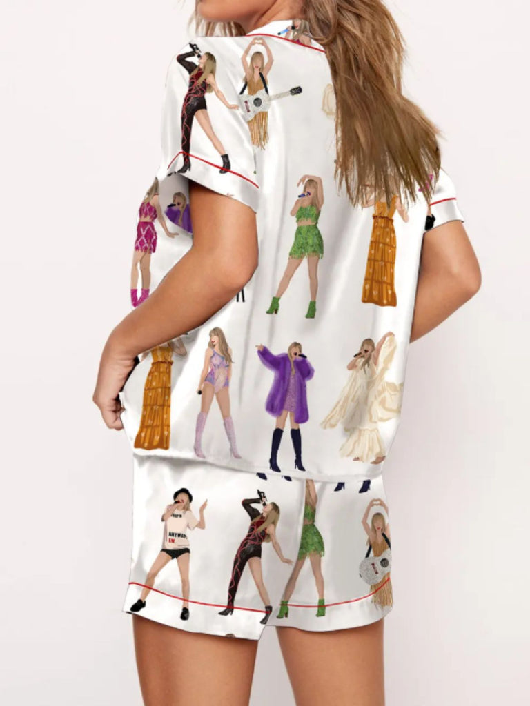 2PCS 1960er Sängerin Karikatur Drucken Taste Pyjama Set