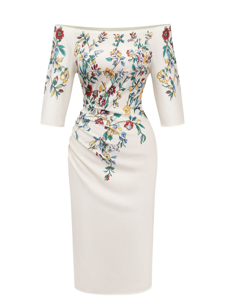 Beige 60er schulterfreies Bodycon-Kleid mit Blumen-Print