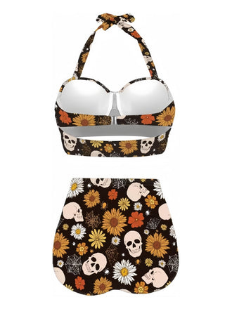 Schwarz 1950er Blumen Schnürung Halter Bademode