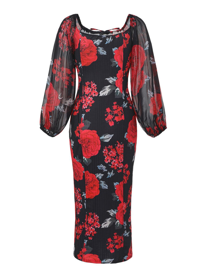 Rot 1960er Französisch Tee Blumen Schulterfrei Enges Kleid