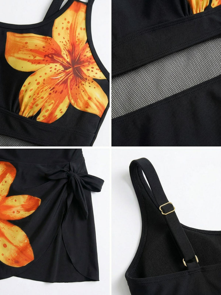 1940er Blumen Riemchen Rundausschnitt Schnür Netz Schwimmkleid