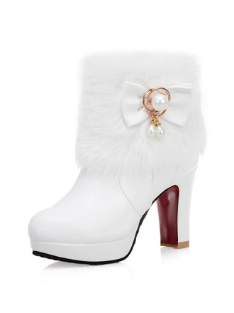 Weiße Spitz Zulaufende High Heels Pelzschleife