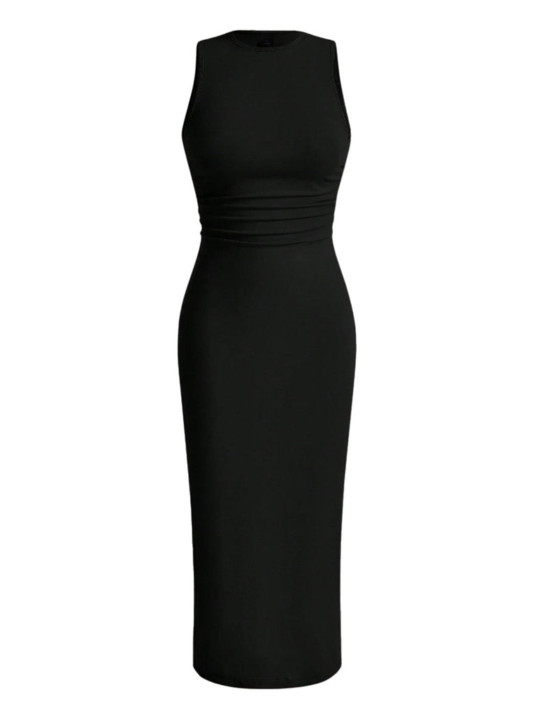 Schwarz 1960er Solide Ärmellos Enges Kleid