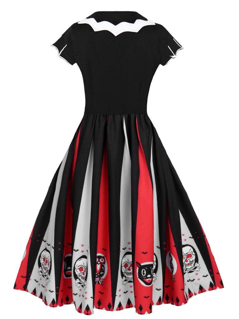 Schwarz 1950er Totenkopf Eule Patchwork Kleid