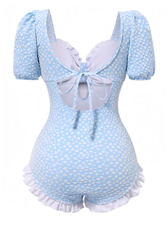 Blue 1940er Kleine Blumen Rüschen Badeanzug