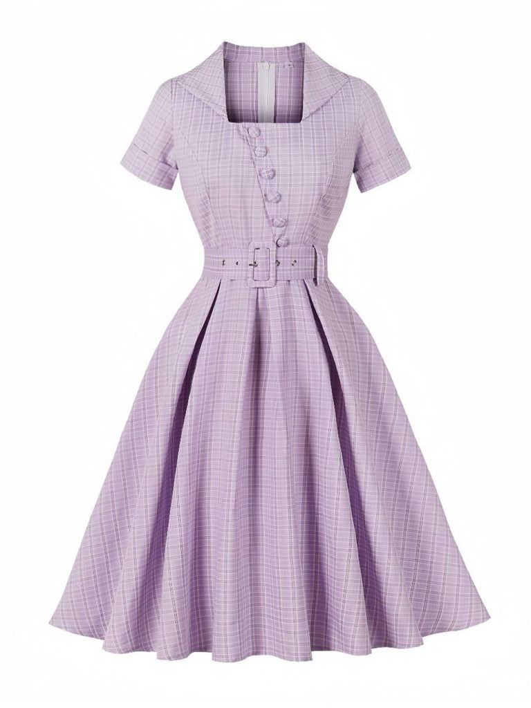 Lila 1950er Kariert Quadratischer Hals Knopf Swing Kleid
