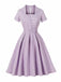 Lila 1950er Kariert Quadratischer Hals Knopf Swing Kleid