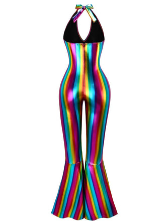 Mehrfarbig 1970er Regenbogen Farbblock Disko Halter Jumpsuit