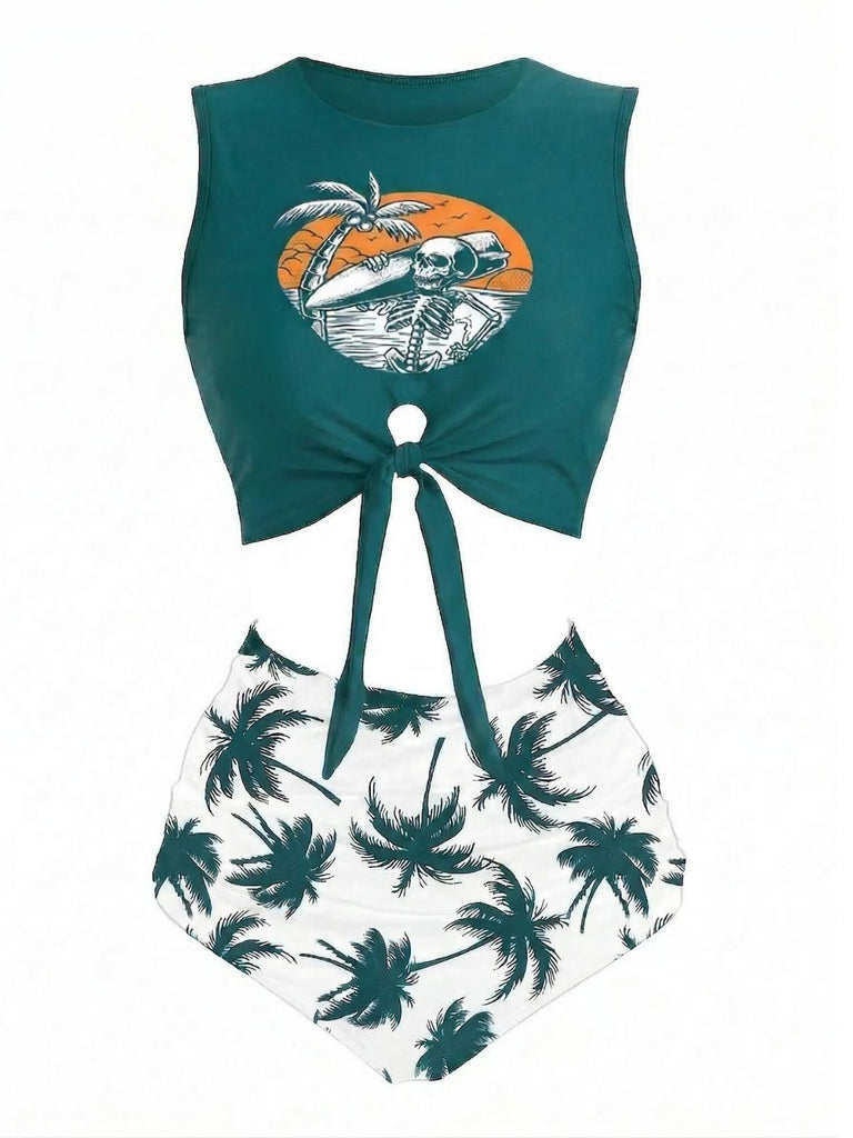Türkis & Schwarz 1980er Punk Taillen Tie Skeleton Strand Bikini Set