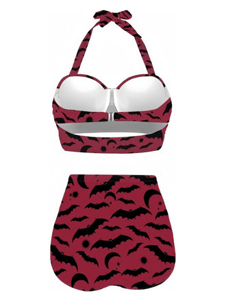 Weinrot 1950er Fledermaus Schnürung Halfter Bikini Set