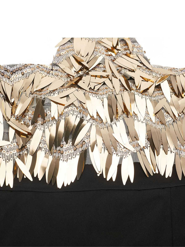 Gold 1930er Pailletten Patchwork Halter Rückenfrei Abend Kleid