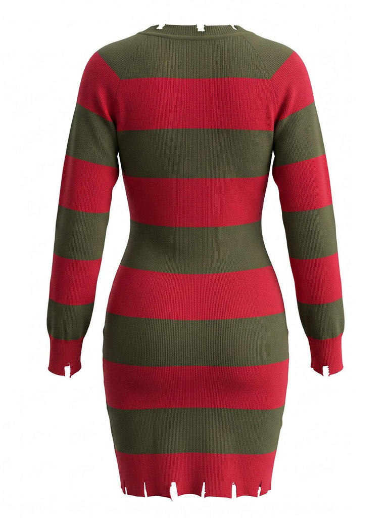 Rot-grünes 70er Freddy-Krueger Strickkleid mit Streifen