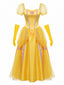 Gelbes 70er Prinzessinnen-Cosplaykleid mit Puffärmeln und Rosen-Detail