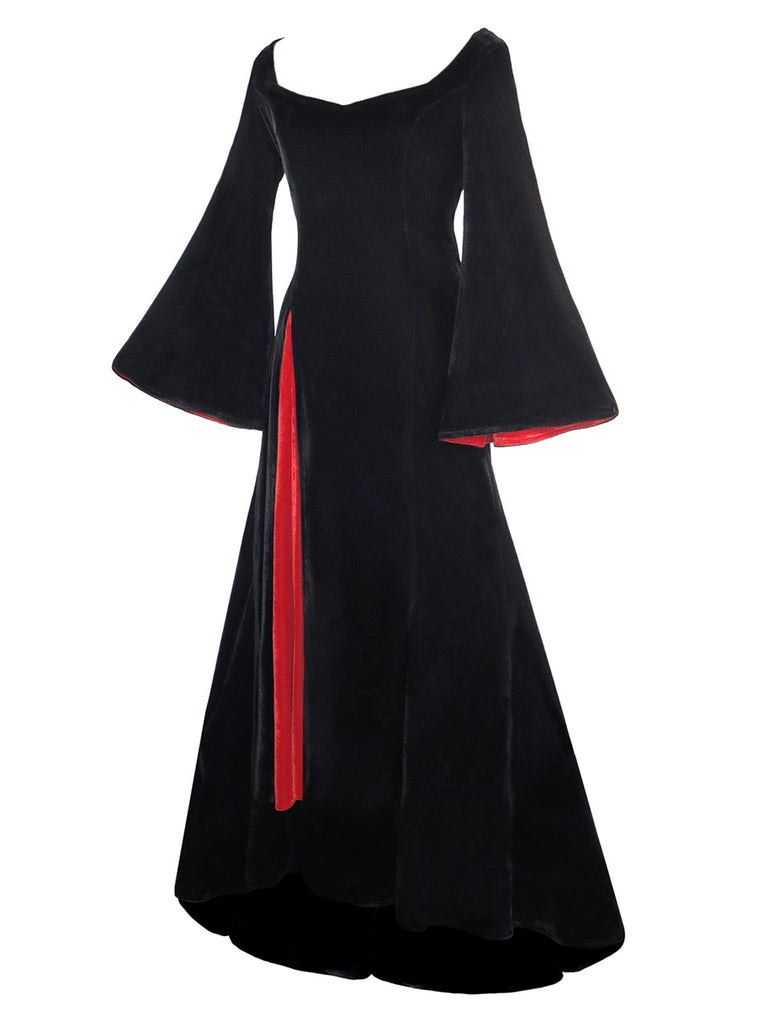 1930er Morticia Addams Samt Glockenärmel Kleid