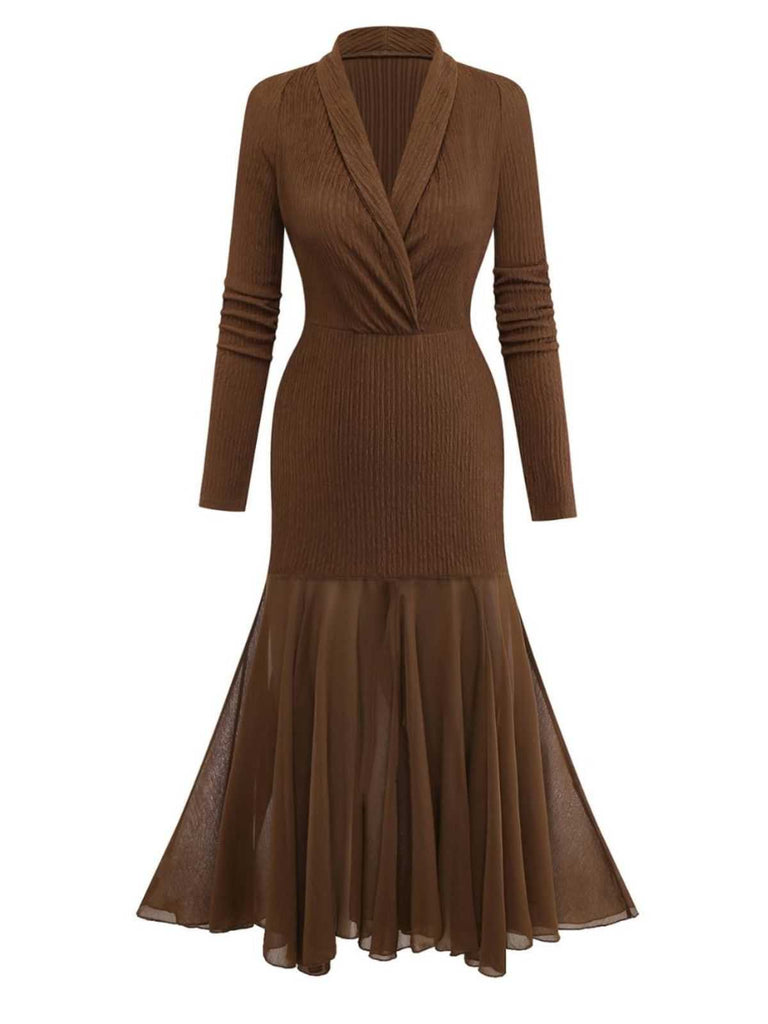 1930er V-Ausschnitt Texturiert Netz Saum Meerjungfrau Kleid