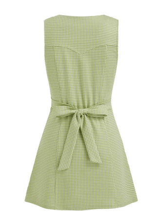 Grün 1960er V-Ausschnitt Hahnentritt Ärmellos Kleid