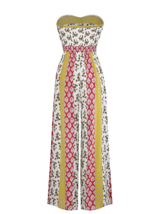 1970er Trägerlos Blumen Geometrisches Muster Boho Jumpsuit