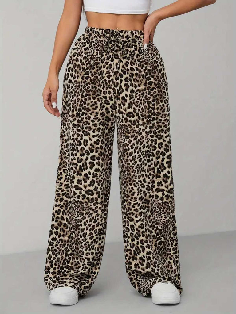 1970er Leopard Weites Bein Kordelzug Hose