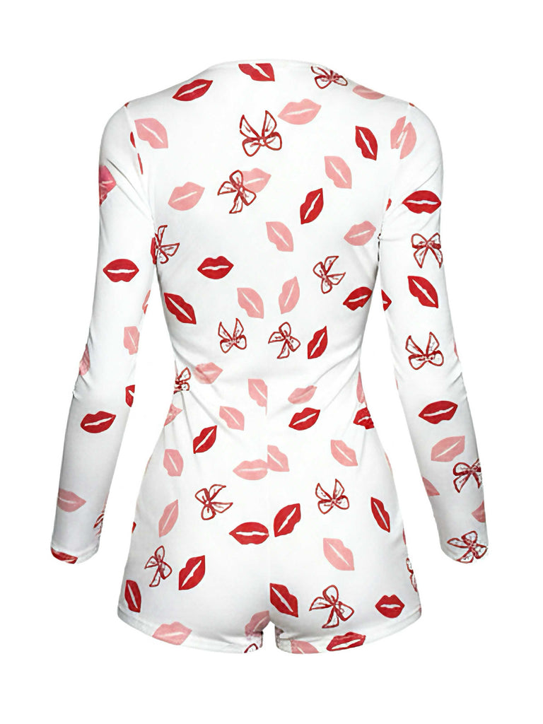 1980er V-Ausschnitt Herz Slip Drucken Romper Pajama