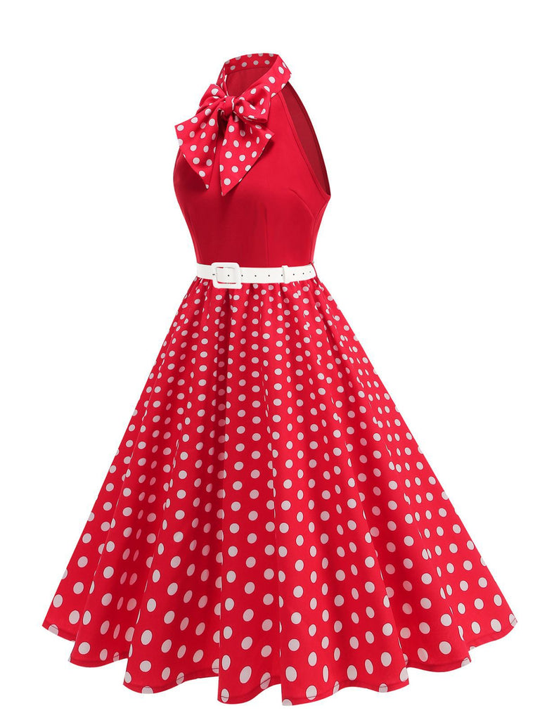 1950er Bogen Binde-Hals Polka Punkte Gürtel Kleid