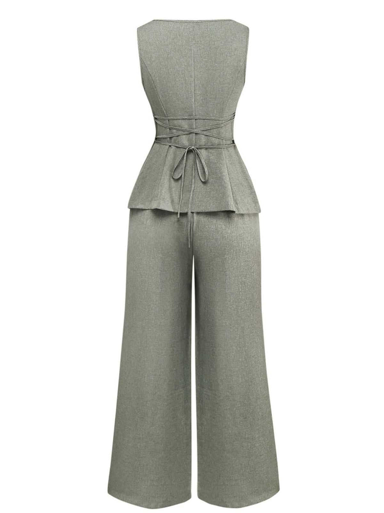 2PCS Solide 1940er Ärmellos Top & Weites Bein Hose