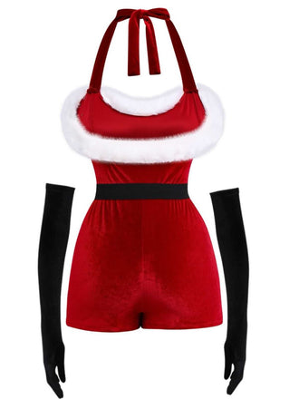1970er Weihnachten Samt Faux Fur Trim Halter Romper Set