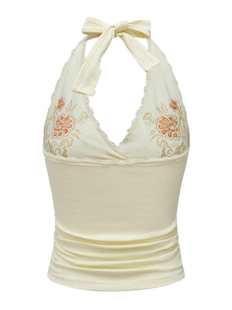 Elfenbein 1980er Bestickt Spitze Blumen Halter Top