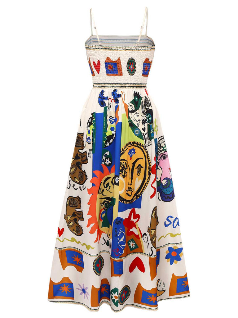 Multicolor 1970er Spaghetti Träger Graffiti Kleid